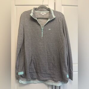 Vineyard Vines Gray Pullover Quarter-Zip Sweater with Mint Trim